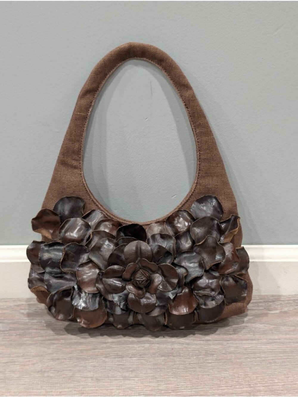 Paolo Masi Italian Leather and Brown Canvas Shoulder Bag Floral Applique Boho